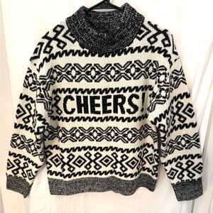 Black and White Patterned Women's Turtleneck Sweater